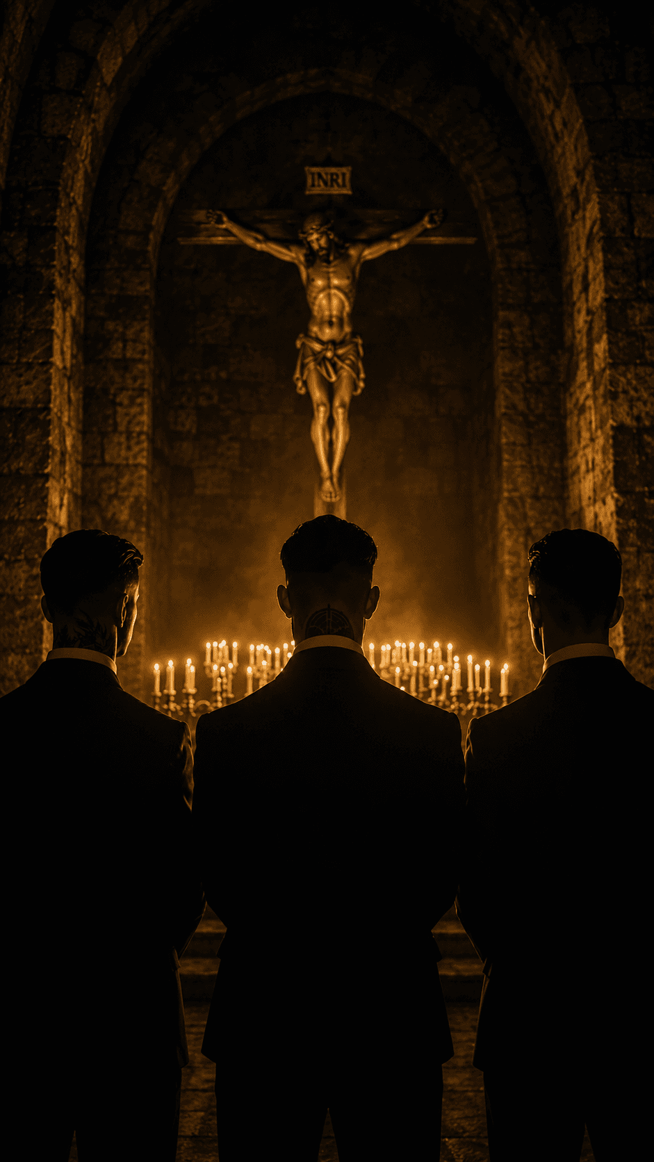 Convicted Gentlemen brotherhood gathered in formal black attire